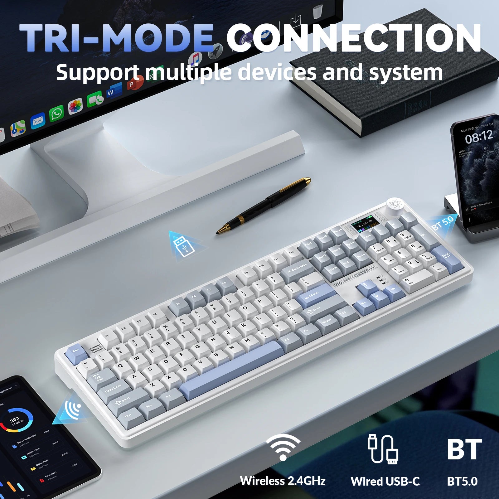 LINGBAO K108pro Mechanical Keyboard Tri-mode Korean Letters Macaron Color PBT Keycap 10000mAh Large Battery for Computers for PC