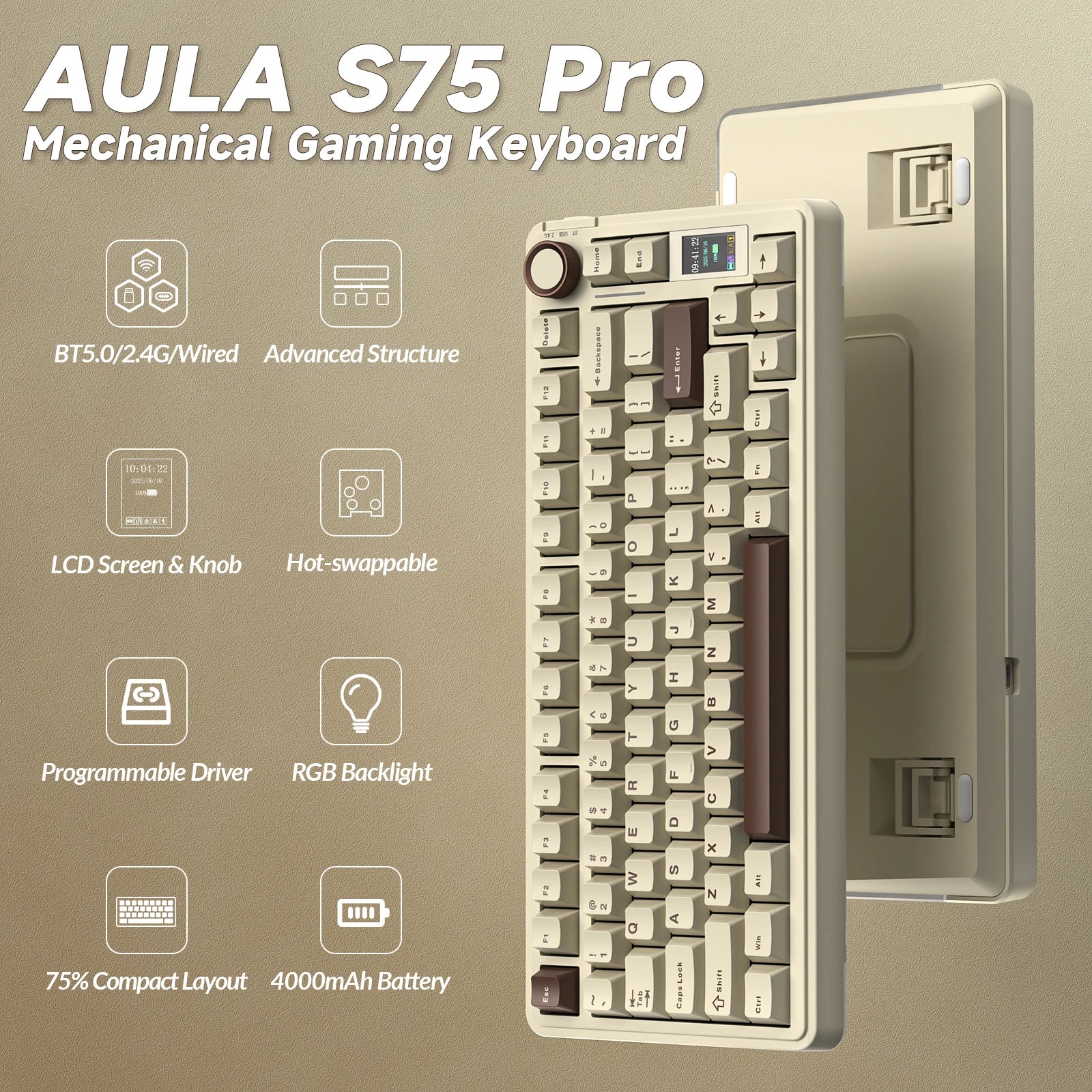 AULA S75pro Wireless Keyboard Tri-mode RGB Gaming Keyboard Hot Swap PBT Keycaps with Macro Software