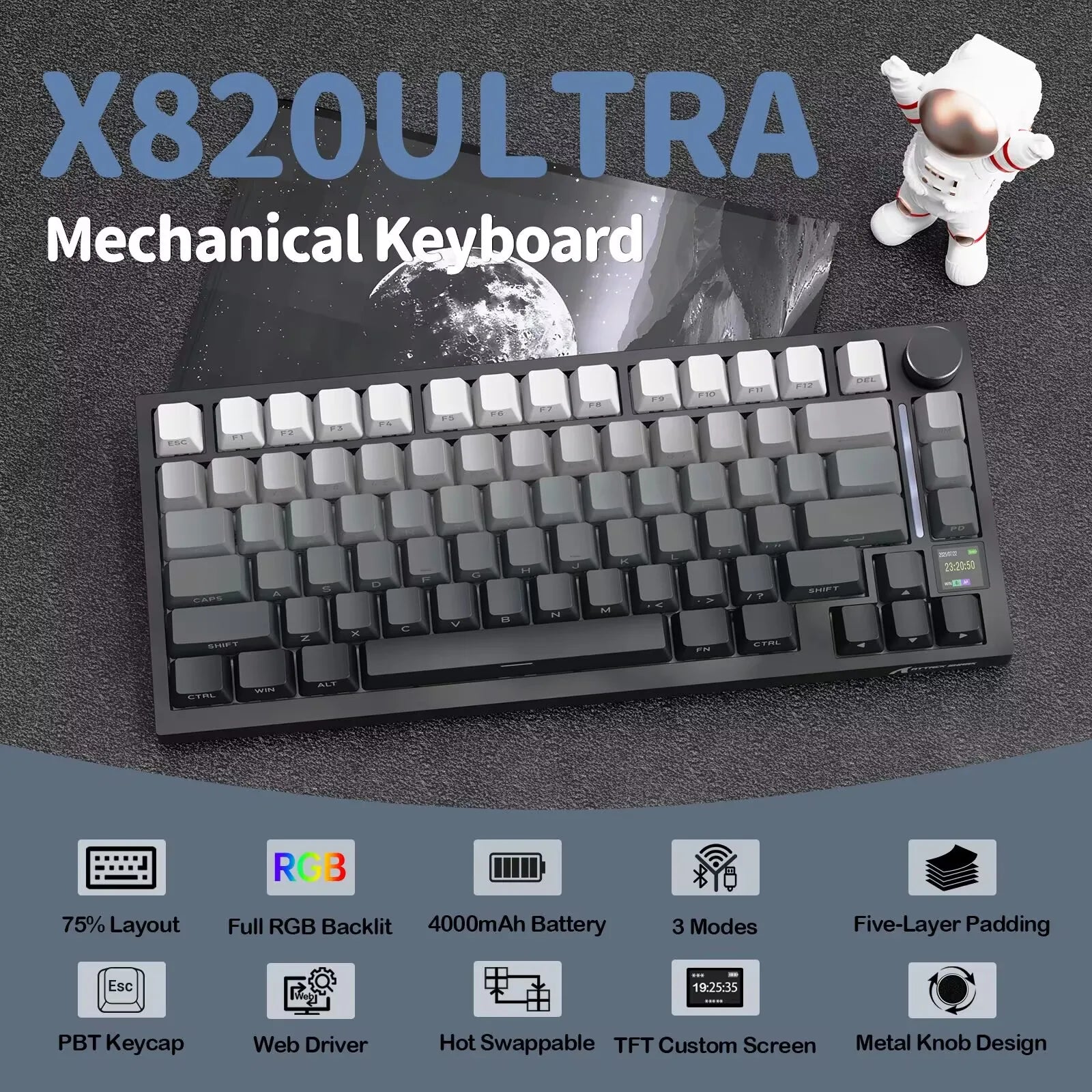 Attack Shark X820Ultra Wireless 75% Mechanical Gaming Keyboard with Screen & Knob Hot Swappable 2.4GHz/BT/Wired RGB