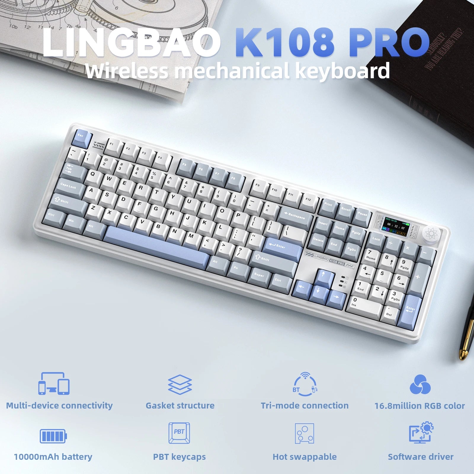 LINGBAO K108pro Mechanical Keyboard Tri-mode Korean Letters Macaron Color PBT Keycap 10000mAh Large Battery for Computers for PC