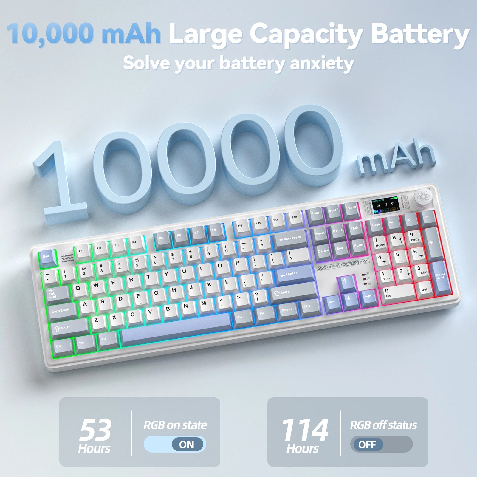 LINGBAO K108pro Mechanical Keyboard Tri-mode Korean Letters Macaron Color PBT Keycap 10000mAh Large Battery for Computers for PC